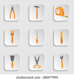 Collection of simple icons of hand tools. Pliers, hammer, tape measure, paint brush, screwdriver, spanner, trowel, wrench, cutter, scissor, pincers, knife, nipper. Vector illustration