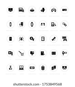 Collection simple icons of modern gadgets on a white background with names. Modern black and white signs for websites, mobile apps, and concepts