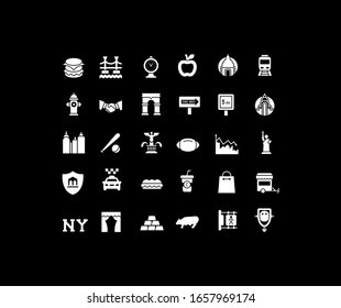 Collection simple icons of new york on a black background. Modern white signs for websites, mobile apps, and concepts