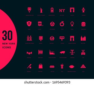 Collection simple icons of new york on a black background. Modern red signs for websites, mobile apps, and concepts