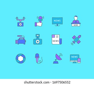 Collection simple icons of news on a blue background. Modern color signs for websites, mobile apps, and concepts
