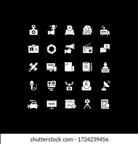 Collection simple icons of news on a black background. Modern white signs for websites, mobile apps, and concepts