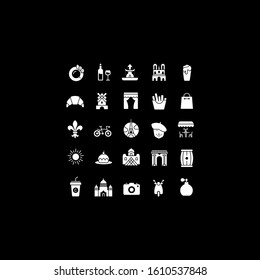 Collection simple icons of paris on a black background. Modern white signs for websites, mobile apps, and concepts