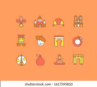 Collection simple icons of paris on an orange background. Modern color signs for websites, mobile apps, and concepts