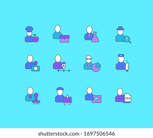 Collection simple icons of professions on a blue background. Modern color signs for websites, mobile apps, and concepts