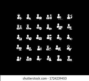 Collection simple icons of professions on a black background. Modern white signs for websites, mobile apps, and concepts