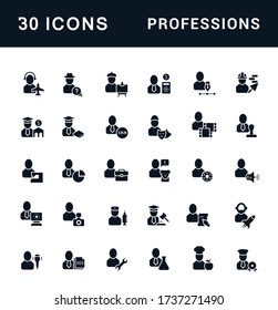 Collection simple icons of professions on a white background. Modern black and white signs for websites, mobile apps, and concepts