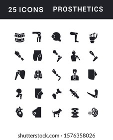 Collection simple icons of prosthetics on a white background. Modern black and white signs for websites, mobile apps, and concepts