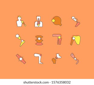 Collection simple icons of prosthetics on an orange background. Modern color signs for websites, mobile apps, and concepts