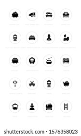 Collection simple icons of rail transport on a white background with names. Modern black and white signs for websites, mobile apps, and concepts