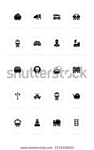 Collection simple icons of rail transport on a\
white background with names. Modern black and white signs for\
websites, mobile apps, and\
concepts