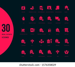 Collection simple icons of real estate on a black background. Modern red signs for websites, mobile apps, and concepts