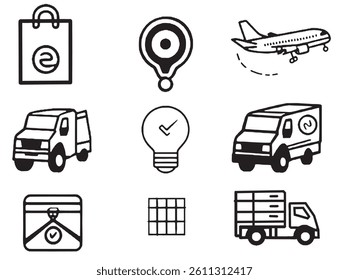 Uma coleção de ícones simples representando entrega, logística e viagens, incluindo caminhões, um avião e uma sacola de compras, tudo em um estilo minimalista.