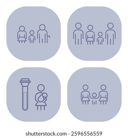 Collection of simple icons representing different family configurations and activities. Relationships and interactions concept