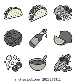 A collection of simple icons representing Mexican food ingredients and tacos, including tacos, lettuce, tomatoes, corn, beans, lime, and sauce.