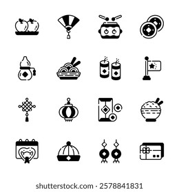A collection of simple icons representing various traditional Chinese New Year symbols