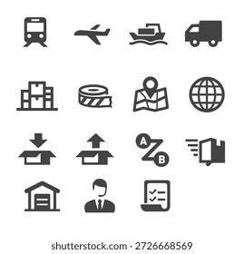 Collection of simple icons representing various transportation modes and logistical elements in a straightforward graphic style