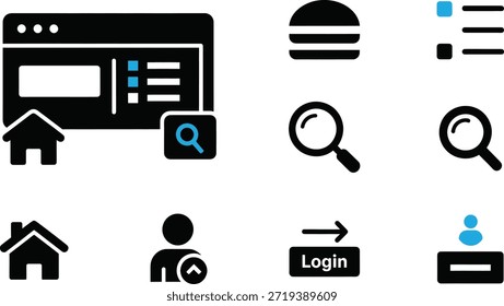 Sammlung einfacher Symbole, die das Surfen im Internet, Suchen, Anmelden und Heim-Symbole darstellen