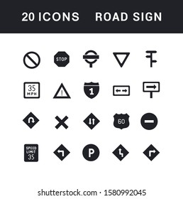 Collection simple icons of road sign on a white background. Modern black and white signs for websites, mobile apps, and concepts