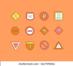 Collection simple icons of road sign on an orange background. Modern color signs for websites, mobile apps, and concepts