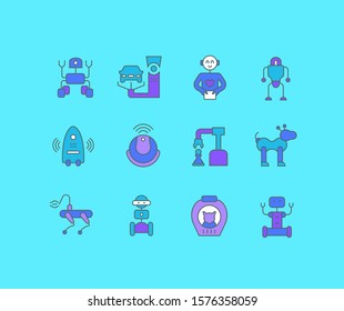 Collection simple icons of robots on a blue background. Modern color signs for websites, mobile apps, and concepts