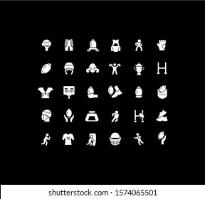 Collection simple icons of rugby on a black background. Modern white signs for websites, mobile apps, and concepts