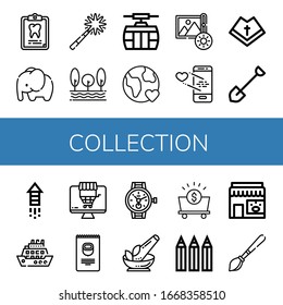 conjunto de iconos simples de la colección. Contiene iconos como registro dental, elefante, Firework, árbol, cable car, tierra, brillo, amor, Mantle, Shovel, puede ser usado para web, móvil y logotipo