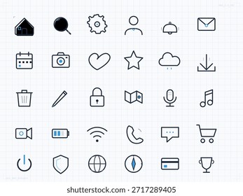 Una colección de íconos simples muestra diferentes funciones como una casa, cámara, corazón y batería. Estos iconos están dispuestos en una cuadrícula con contornos claros y sin colores.
