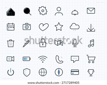 A collection of simple icons shows different functions such as a house, camera, heart, and battery. These icons are laid out on a grid with clear outlines and no colors.