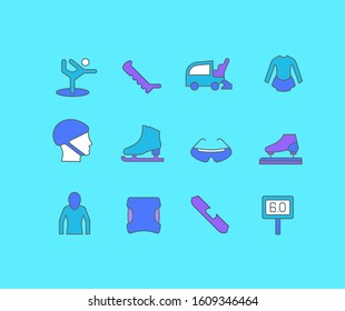Collection simple icons of skating sports on a blue background. Modern color signs for websites, mobile apps, and concepts