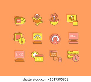Collection simple icons of software on an orange background. Modern color signs for websites, mobile apps, and concepts