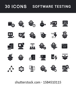 Collection simple icons of software testing on a white background. Modern black and white signs for websites, mobile apps, and concepts