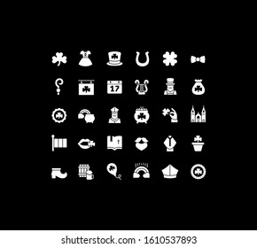 Collection simple icons of St. Patrick's day on a black background. Modern white signs for websites, mobile apps, and concepts