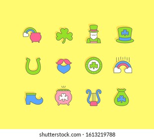 Collection simple icons of St. Patrick's day on a yellow background. Modern color signs for websites, mobile apps, and concepts