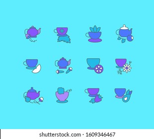 Collection simple icons of tea on a blue background. Modern color signs for websites, mobile apps, and concepts