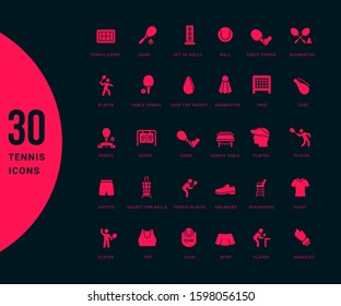 Collection simple icons of tennis on a black background. Modern red signs for websites, mobile apps, and concepts