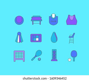 Collection simple icons of tennis on a blue background. Modern color signs for websites, mobile apps, and concepts