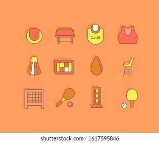 Collection simple icons of tennis on an orange background. Modern color signs for websites, mobile apps, and concepts
