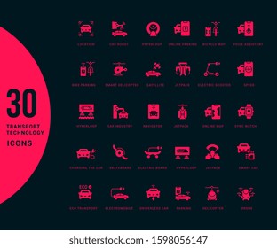 Collection simple icons of transport technology on a black background. Modern red signs for websites, mobile apps, and concepts