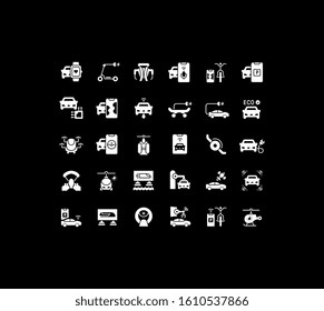 Collection simple icons of transport technology on a black background. Modern white signs for websites, mobile apps, and concepts