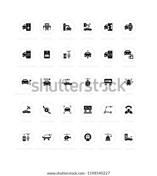 Collection simple icons of transport technology\
on a white background with names. Modern black and white signs for\
websites, mobile apps, and\
concepts