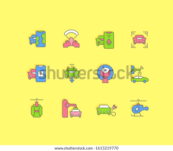 Collection simple icons of transport technology\
on a yellow background. Modern color signs for websites, mobile\
apps, and concepts