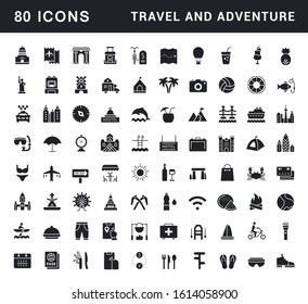 Collection simple icons of travel and adventure on a white background. Modern black and white signs for websites, mobile apps, and concepts