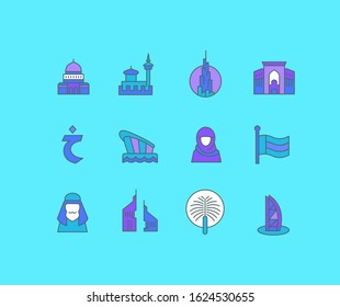 Collection simple icons of uae on a blue background. Modern color signs for websites, mobile apps, and concepts