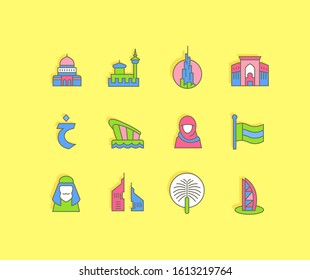 Collection simple icons of united arab emirates on a yellow background. Modern color signs for websites, mobile apps, and concepts