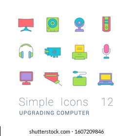 Collection simple icons of upgrading computer components on a white background. Modern color signs for websites, mobile apps, and concepts