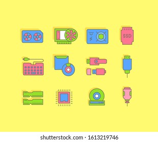 Collection simple icons of upgrading computer components on a yellow background. Modern color signs for websites, mobile apps, and concepts