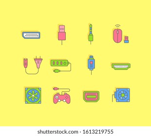 Collection simple icons of upgrading computer components on a yellow background. Modern color signs for websites, mobile apps, and concepts