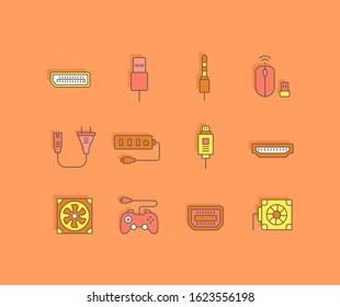 Collection simple icons of upgrading computer components on an orange background. Modern color signs for websites, mobile apps, and concepts