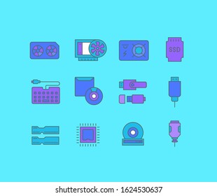 Collection simple icons of upgrading computer components on a blue background. Modern color signs for websites, mobile apps, and concepts